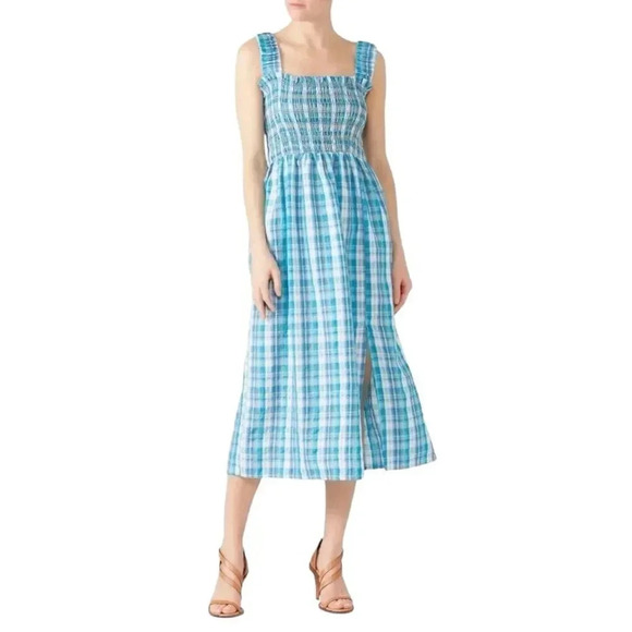 Nicholas Blue Checked Smocked Apron Midi Dress 2 - Picture 1 of 9
